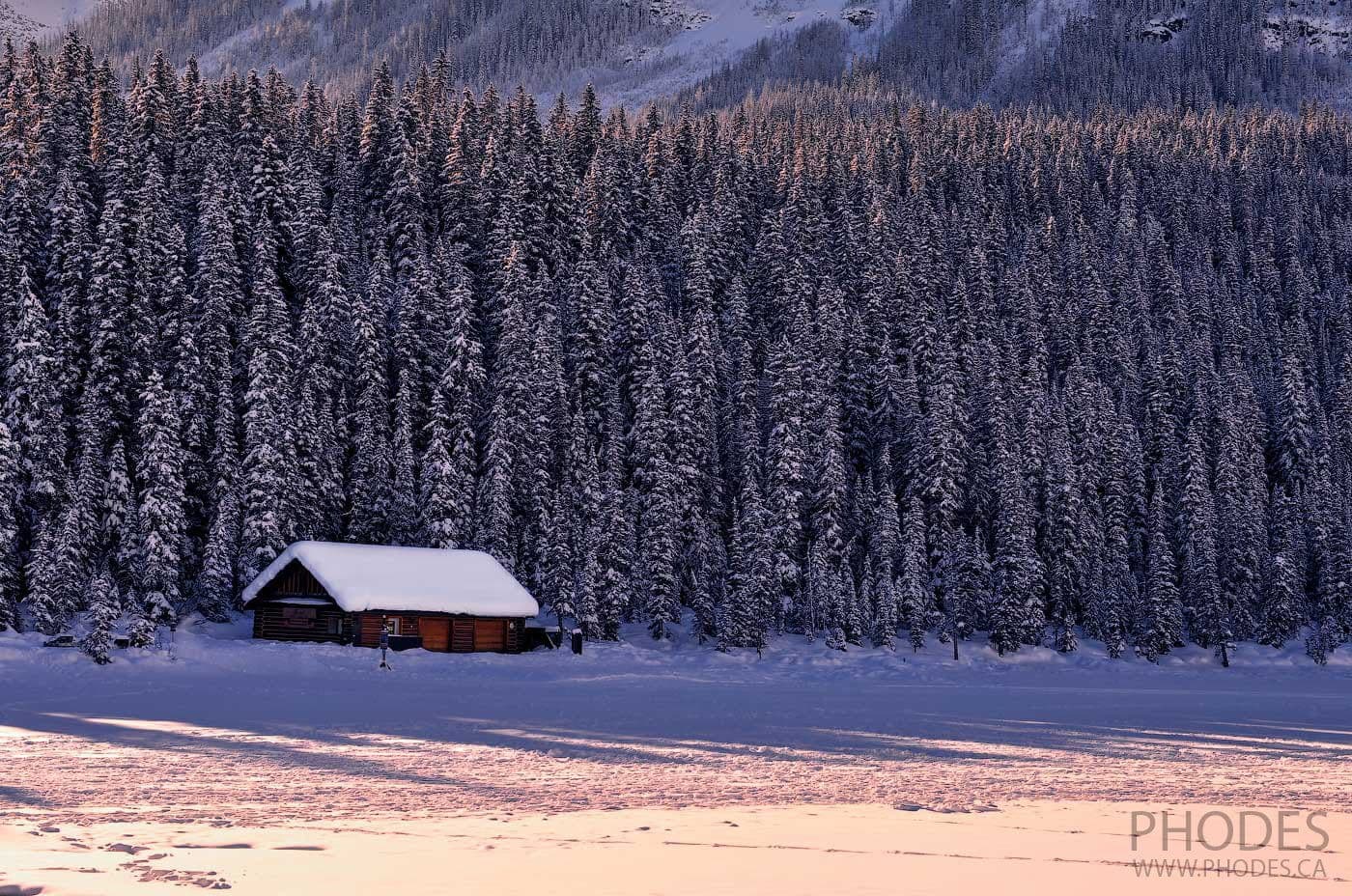 Boathouse on Lake Louise in winter
