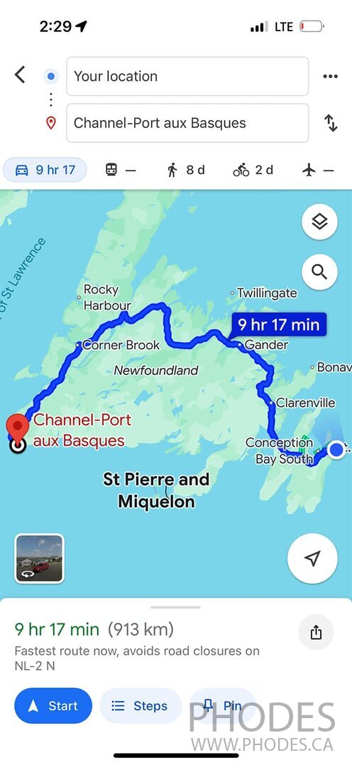 Driving map from Cape Spear to Channel-Port-aux-Basques - Newfoundland